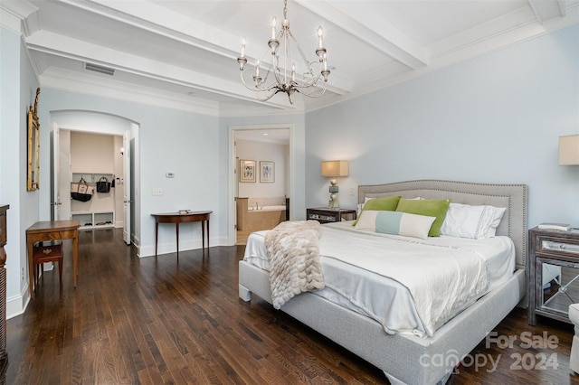 bedroom with an inviting chandelier, dark hardwood / wood-style flooring, beamed ceiling, and ensuite bathroom