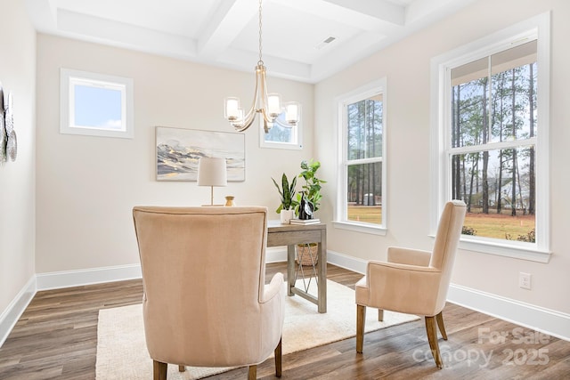 dining room featuring dark wood-type flooring, a notable chandelier, coffered ceiling, and beamed ceiling