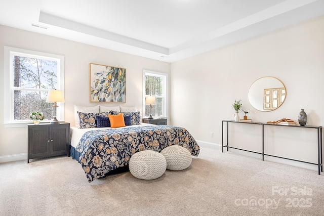 carpeted bedroom with a tray ceiling