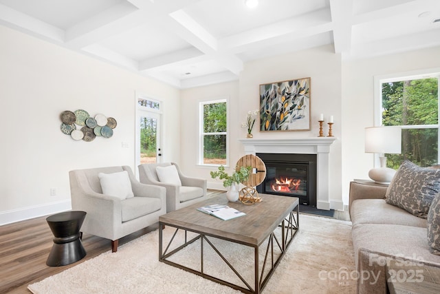 living room with beam ceiling, a wealth of natural light, light hardwood / wood-style floors, and coffered ceiling