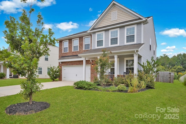 craftsman inspired home with a garage and a front lawn