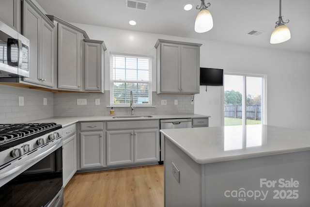 kitchen with gray cabinets, decorative backsplash, sink, and stainless steel appliances