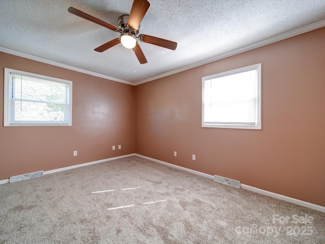 unfurnished room featuring carpet, ceiling fan, crown molding, and a textured ceiling