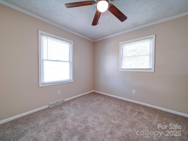 carpeted spare room with ceiling fan, a healthy amount of sunlight, a textured ceiling, and ornamental molding