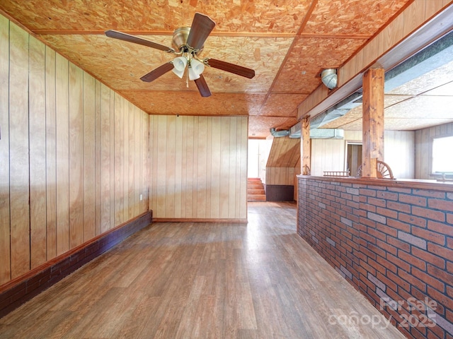 unfurnished room featuring hardwood / wood-style floors, wooden ceiling, and wood walls