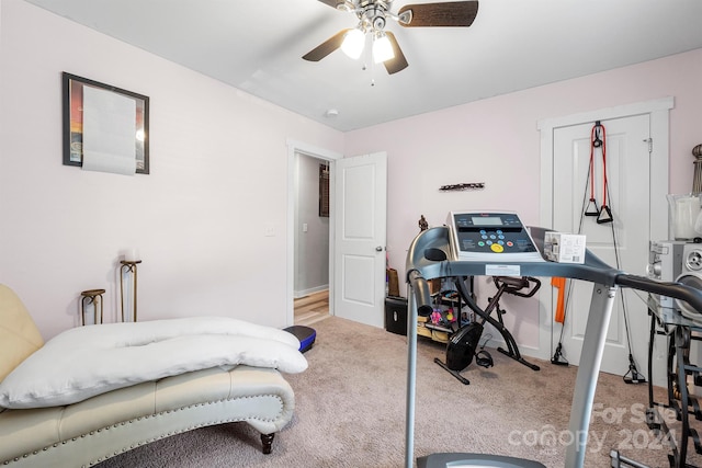 carpeted bedroom with ceiling fan