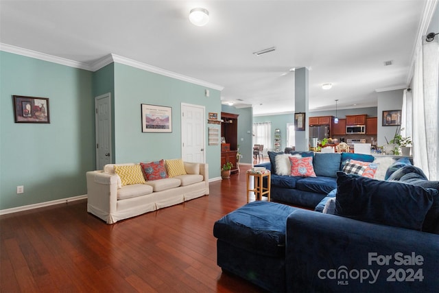 living room featuring crown molding and dark hardwood / wood-style floors