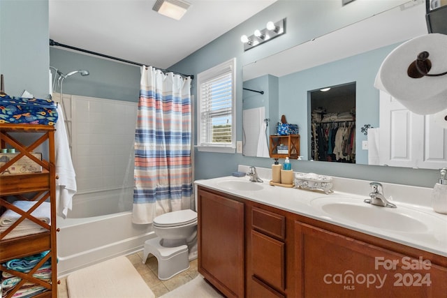 full bathroom with vanity, tile patterned flooring, toilet, and shower / bathtub combination with curtain