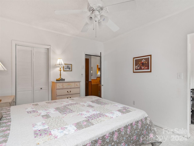 carpeted bedroom featuring a closet, ceiling fan, and crown molding