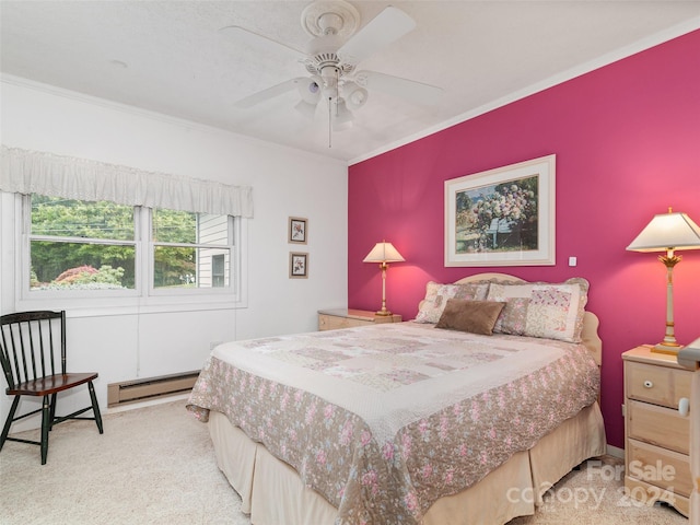 bedroom with light carpet, crown molding, baseboard heating, and ceiling fan