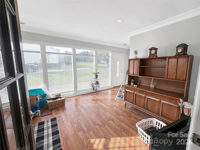 interior space featuring light wood-type flooring and ornamental molding