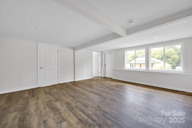 interior space with beam ceiling and dark hardwood / wood-style floors