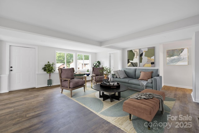 living room with dark hardwood / wood-style floors