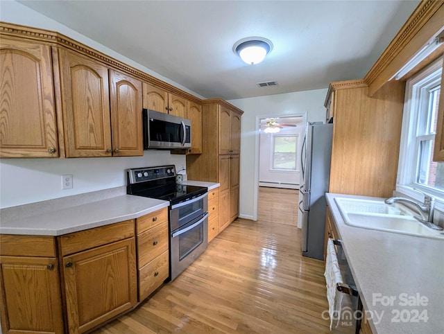 kitchen featuring ceiling fan, light wood-type flooring, sink, baseboard heating, and stainless steel appliances