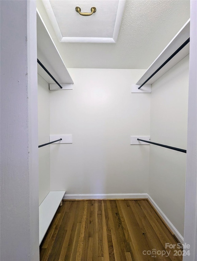 spacious closet with dark hardwood / wood-style flooring