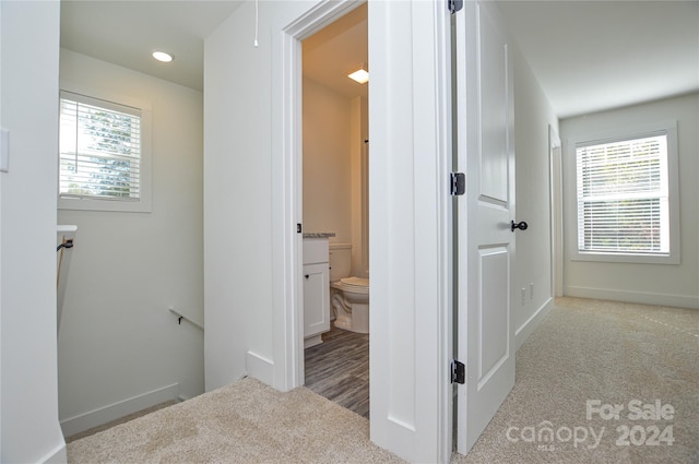 hallway featuring light carpet