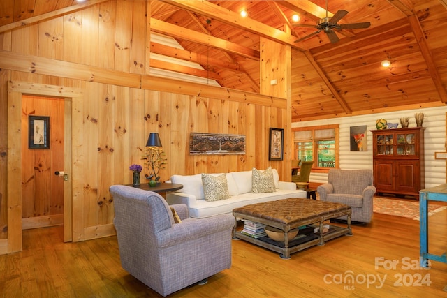 living room featuring ceiling fan, wood ceiling, beam ceiling, wooden walls, and hardwood / wood-style floors