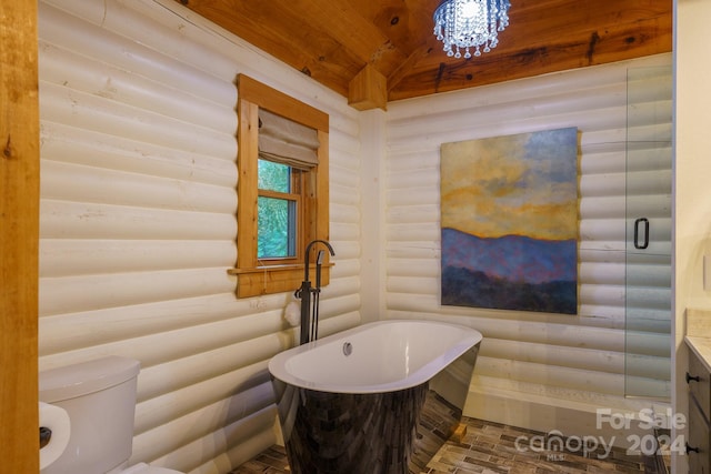 full bathroom with independent shower and bath, rustic walls, wooden ceiling, vanity, and toilet