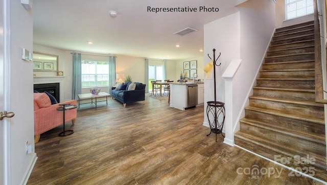 living room featuring dark wood-type flooring and sink