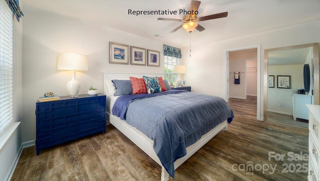 bedroom featuring ceiling fan and dark hardwood / wood-style flooring