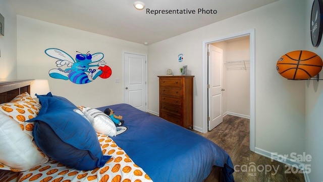 bedroom with a spacious closet, dark wood-type flooring, and a closet