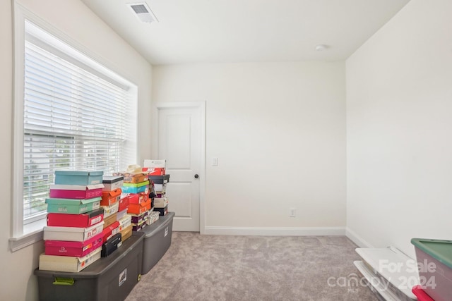 recreation room featuring light colored carpet