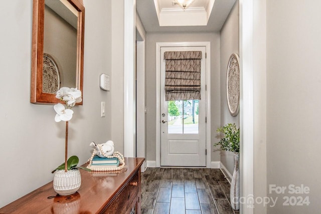 doorway featuring a tray ceiling, dark hardwood / wood-style floors, and crown molding