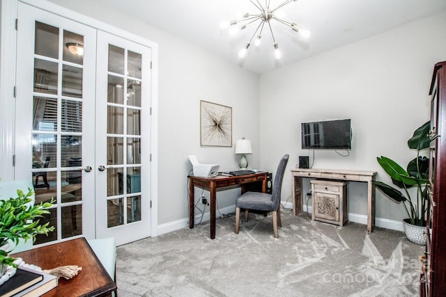 home office featuring light carpet, a chandelier, and french doors