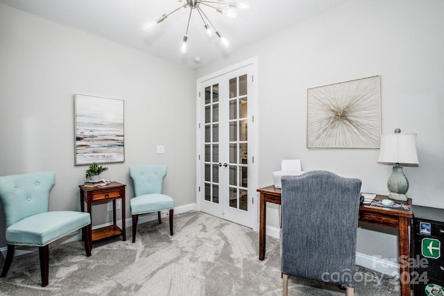 office area featuring french doors, an inviting chandelier, and carpet flooring