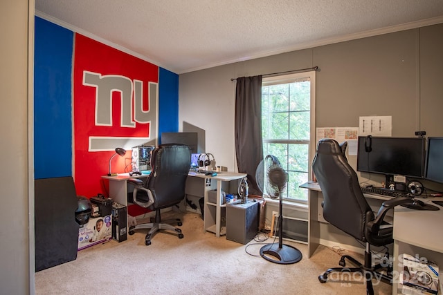 home office with plenty of natural light, a textured ceiling, crown molding, and carpet