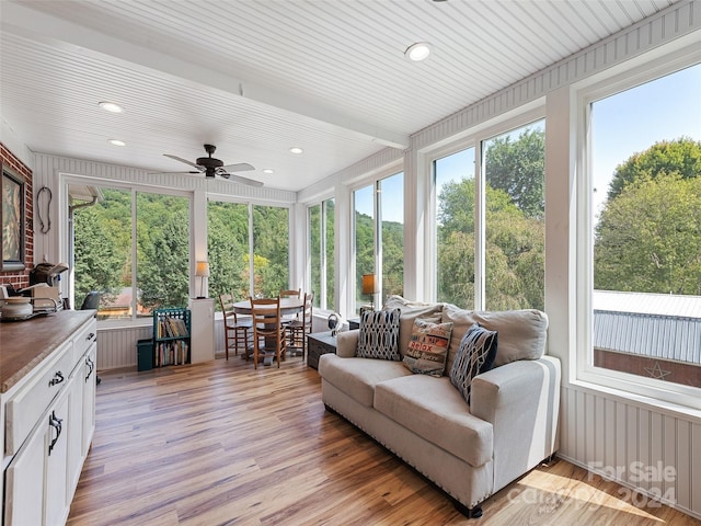 sunroom featuring ceiling fan, plenty of natural light, and wooden ceiling