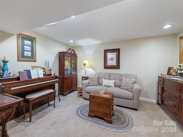 living room featuring light colored carpet