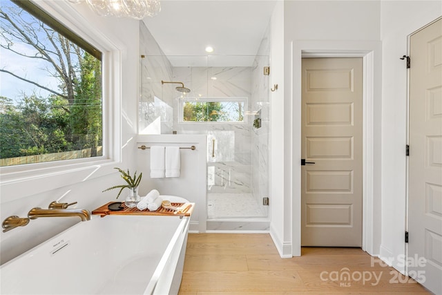 bathroom with plus walk in shower and hardwood / wood-style floors