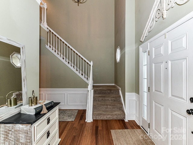 foyer with a towering ceiling and dark wood-type flooring