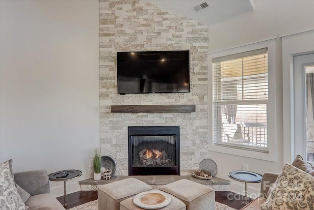 living room with a fireplace, hardwood / wood-style floors, and a wealth of natural light