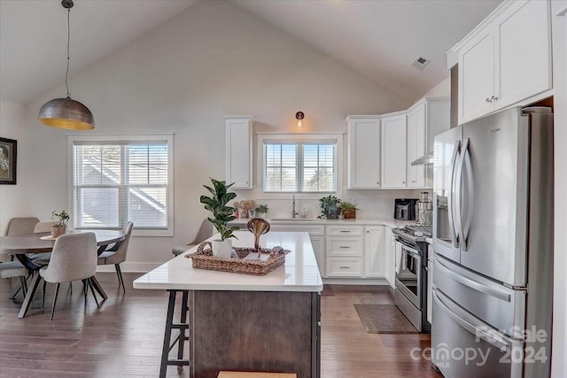 kitchen with dark hardwood / wood-style flooring, high vaulted ceiling, stainless steel appliances, and decorative light fixtures