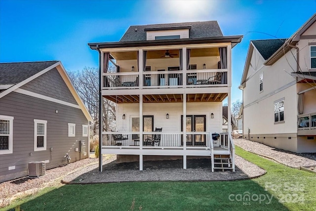 back of property featuring a balcony and central air condition unit