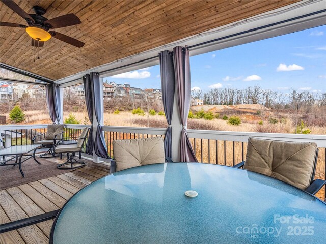 sunroom / solarium with lofted ceiling, wooden ceiling, and ceiling fan