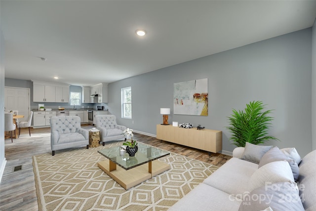 living room with light hardwood / wood-style flooring