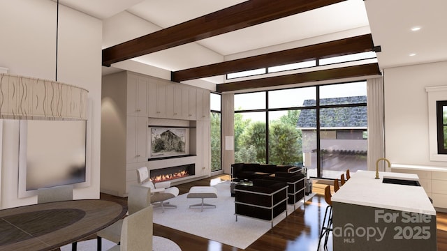 living room featuring beam ceiling, dark wood-type flooring, and a fireplace