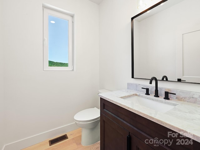 bathroom with vanity, toilet, and wood-type flooring