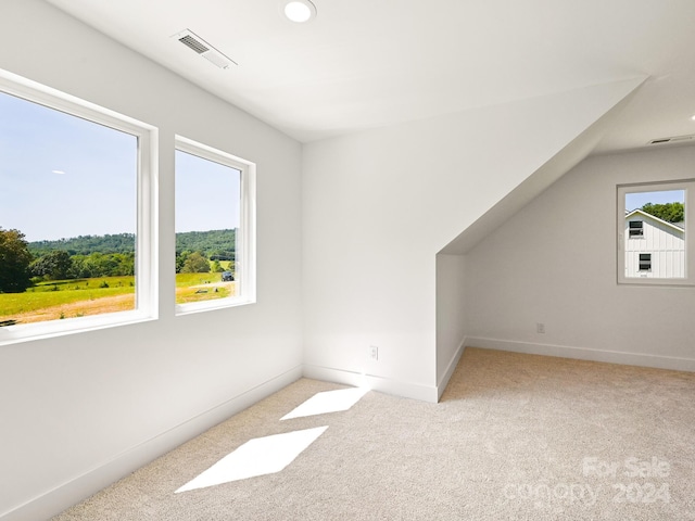 additional living space featuring lofted ceiling and light carpet