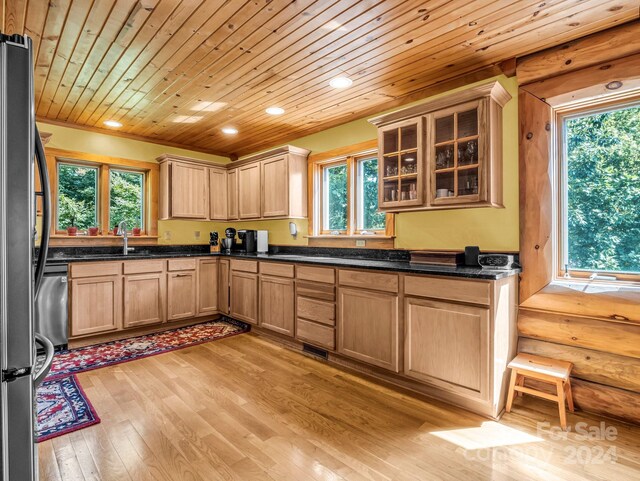 kitchen with appliances with stainless steel finishes, wood ceiling, light hardwood / wood-style floors, and plenty of natural light