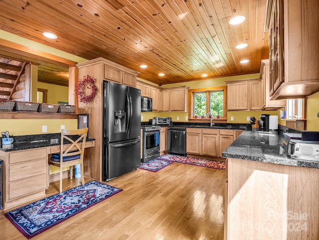 kitchen with wood ceiling, kitchen peninsula, light wood-type flooring, black appliances, and light brown cabinetry