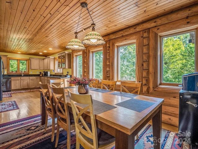 181 Highland Hts, Lake Lure, NC 28746 - dining space with wood ceiling, light wood-style flooring, and log walls