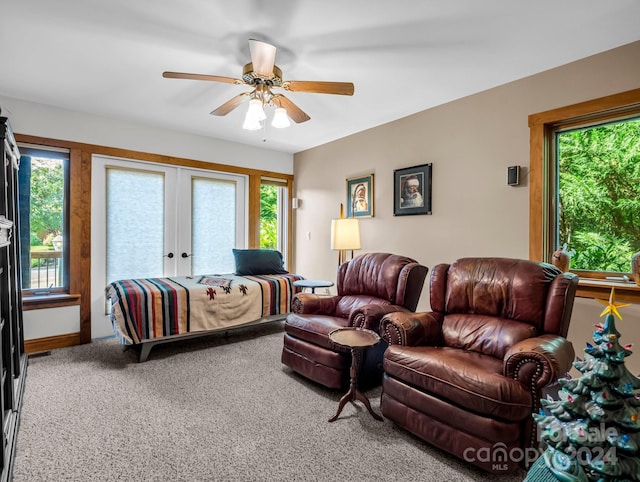 181 Highland Hts, Lake Lure, NC 28746 - living area with healthy amount of natural light, french doors, carpet floors, and ceiling fan