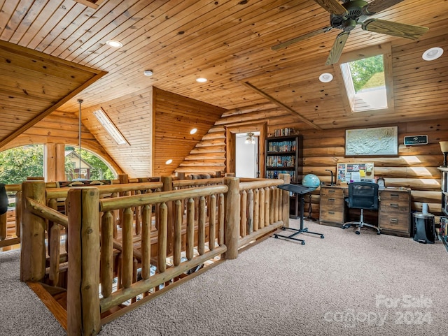 181 Highland Hts, Lake Lure, NC 28746 - office area featuring a ceiling fan, wood ceiling, carpet, log walls, and a skylight