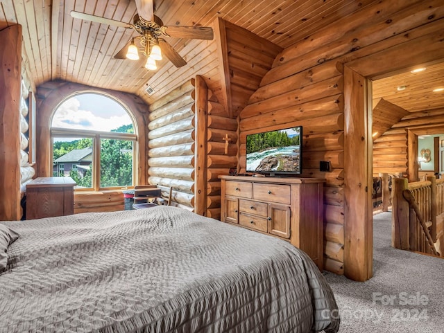 carpeted bedroom featuring wooden ceiling, vaulted ceiling, ceiling fan, and rustic walls