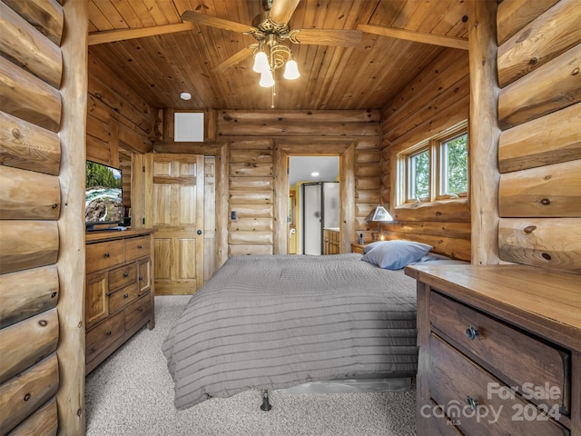 bedroom with wood ceiling, ceiling fan, rustic walls, and light carpet