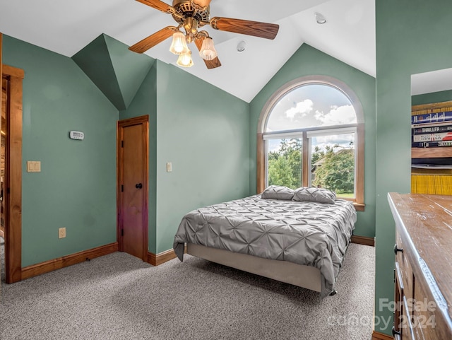 181 Highland Hts, Lake Lure, NC 28746 - carpeted bedroom with vaulted ceiling, baseboards, and a ceiling fan